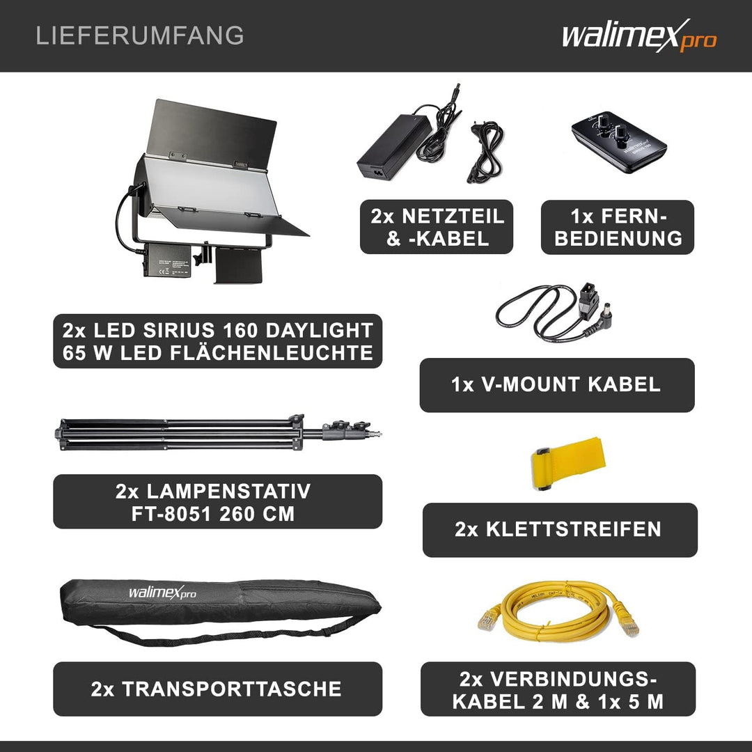 Walimex pro LED Sirius 160 Daylight 2er Set mit Stativ + Fernbedienung - 2x 65W Daylight Flächenleuc