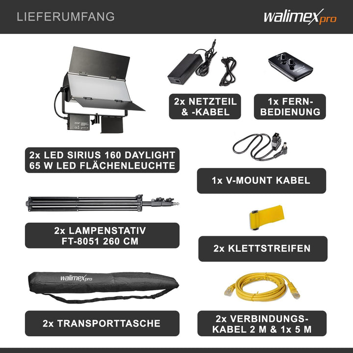 Walimex pro LED Sirius 160 Daylight 2er Set mit Stativ + Fernbedienung - 2x 65W Daylight Flächenleuc