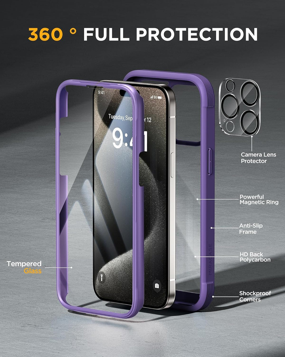 Miracase 360 Grad für iPhone 15 Pro Hülle mit Eingebaut Glas Schutzfolie und Kameraschutz, Stossfest
