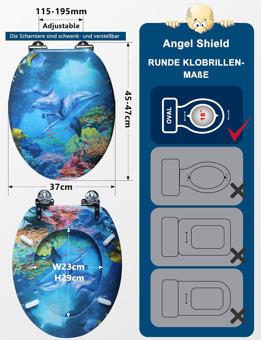 Angel Shield WC-Sitz mit Absenkautomatik, verstellbare Metallscharniere, zu reinigen, O-förmig, 45x3