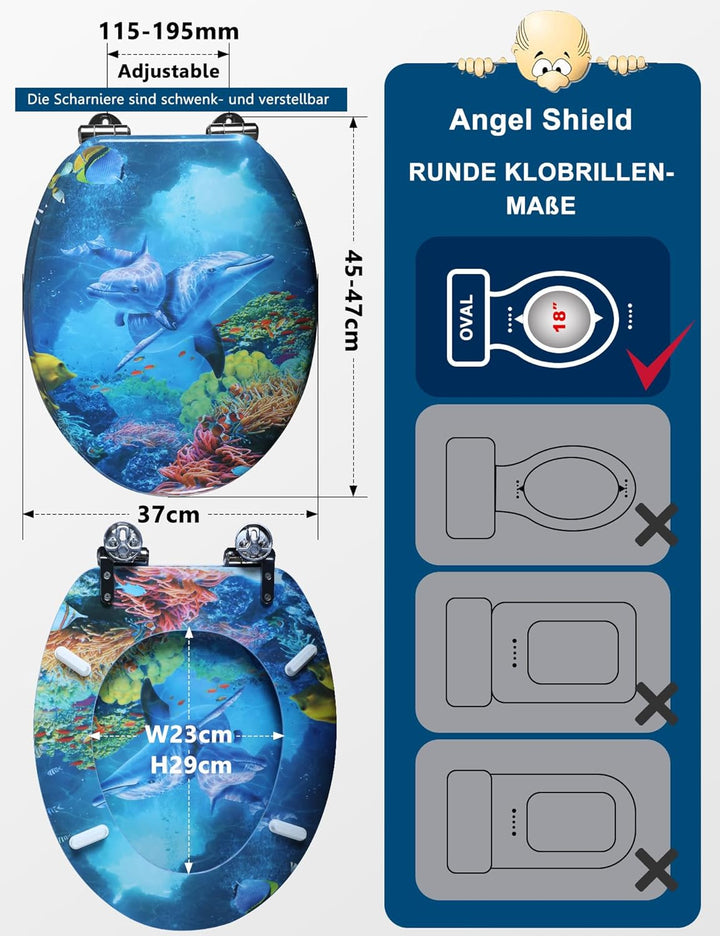Angel Shield WC-Sitz mit Absenkautomatik, verstellbare Metallscharniere, zu reinigen, O-förmig, 45x3