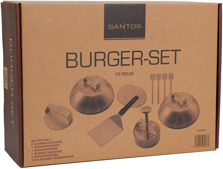 SANTOS Burger Set - 10-teilig: Edelstahl Presse, Wender, Smasher, Schmelzglocken & Spiesse für perfe