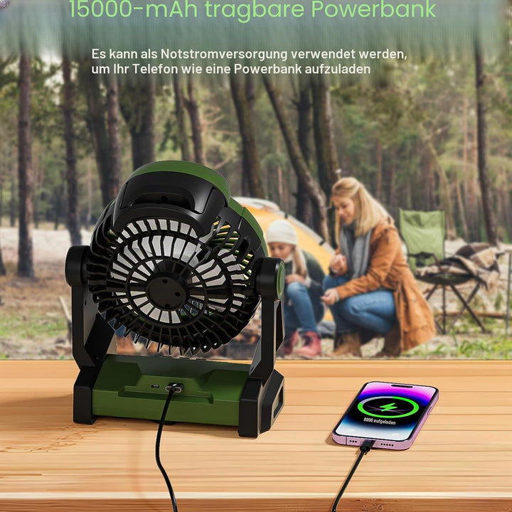 Camping Ventilator mit Akku,15000mAh Ventilator mit Camping Licht &amp; Haken,Wiederaufladbarer Tischven