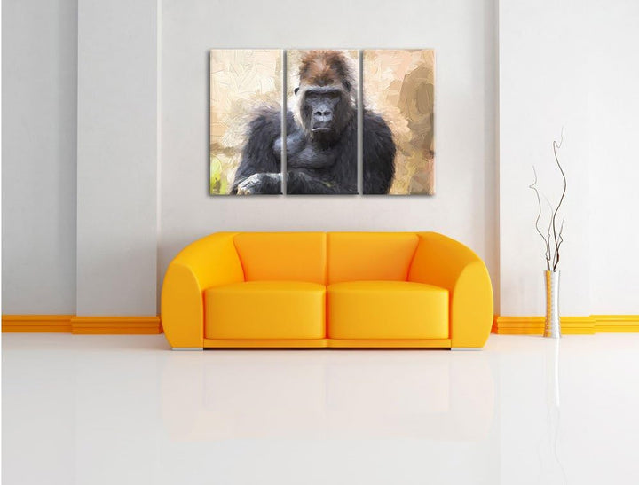 Pixxprint gelangweilter Gorilla Kunst als Leinwandbild/Grösse: 3 Teilig (120x80) / Wandbild/Kunstdru