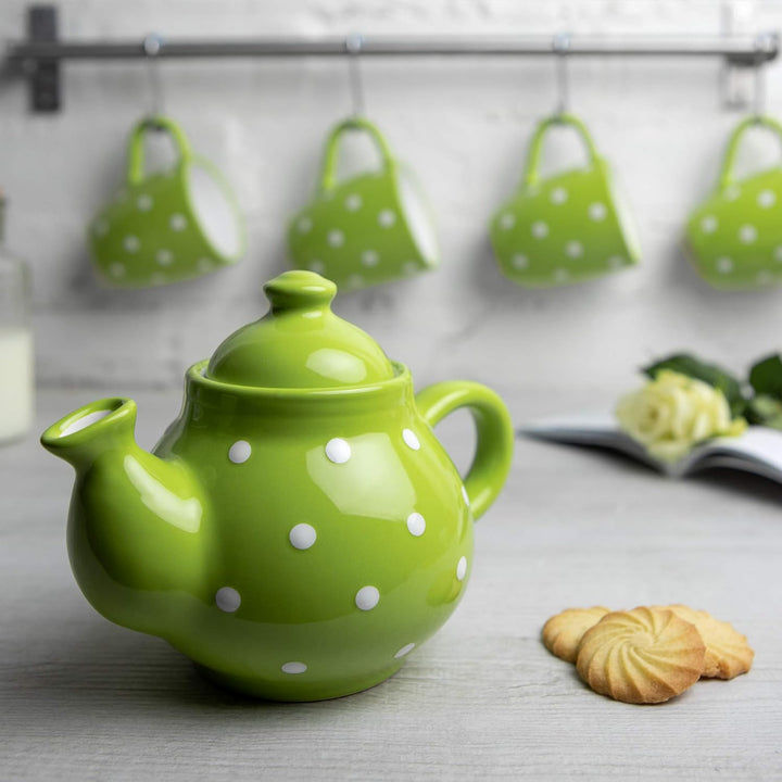 City to Cottage® - Teekanne Kaffeekanne für 2 Tassen | Grün und Weiss | Polka Dots | Handgemacht | T