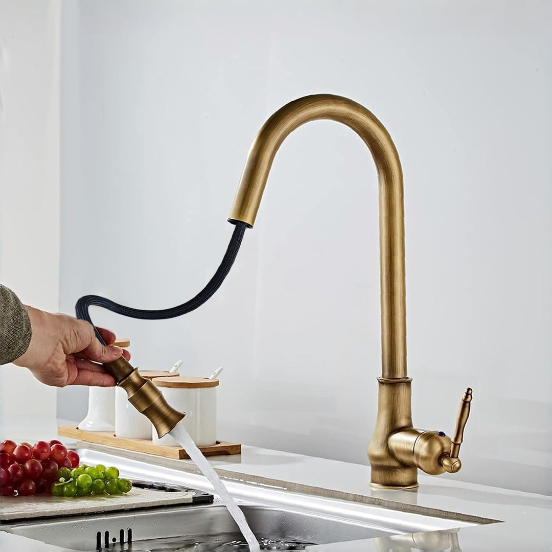 KOYOO Küchenarmatur Messing Antik, Wasserhahn Küche Ausziehbar, Einhebel 360°Schwenkbar Spültischarm