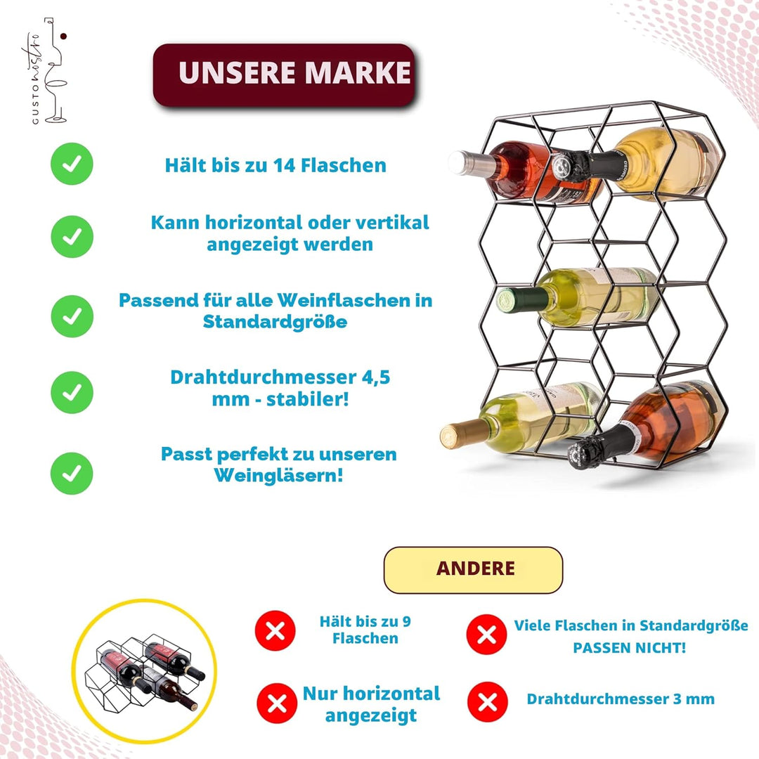 Gusto Nostro Weinregal für den Tisch - Modernes Schwarzes Metall-Weinregal für 14 Flaschen - 3-Stufi