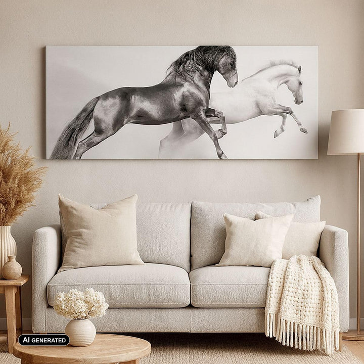 Wandbilder Dekoration Wohnzimmer Pferde Tiere Galopp Wiese Panorama Bilder auf Leinwand 120x50cm Lei