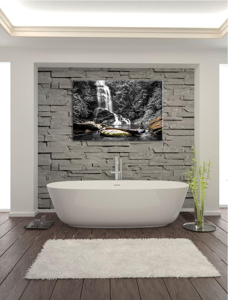 schöner Wasserfall mit Steinturm schwarz/weiss Format: 100x70 auf Leinwand, XXL riesige Bilder ferti