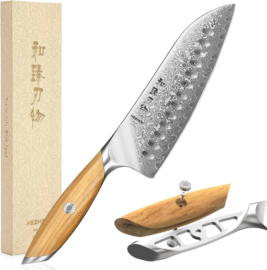 HEZHEN Damast Santokumesser Kochmesser 73 Schichten Damastmesser Küchenmesser mit Olivenholz Griff,