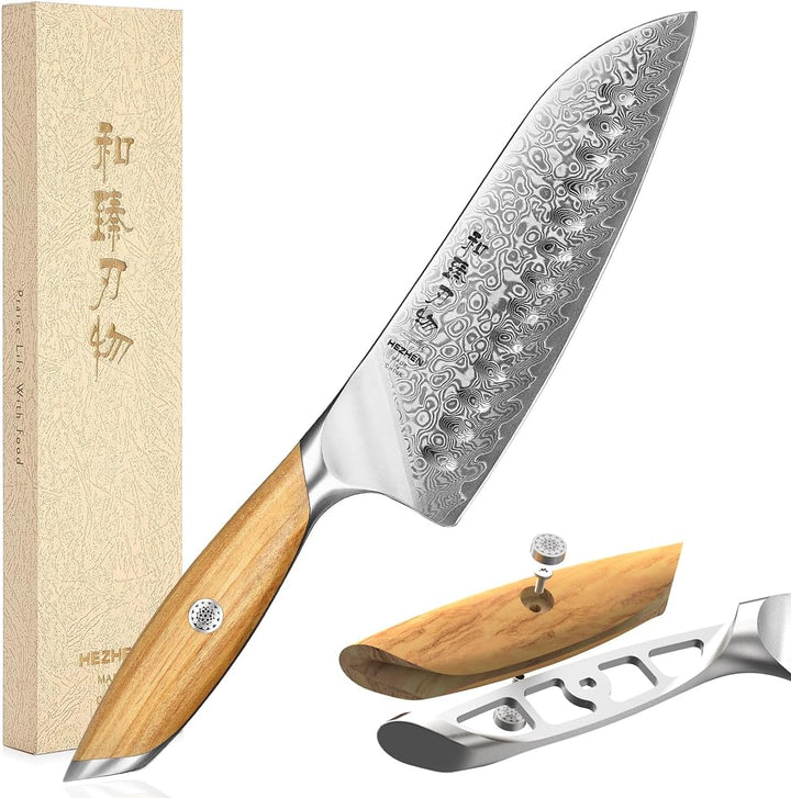 HEZHEN Damast Santokumesser Kochmesser 73 Schichten Damastmesser Küchenmesser mit Olivenholz Griff,