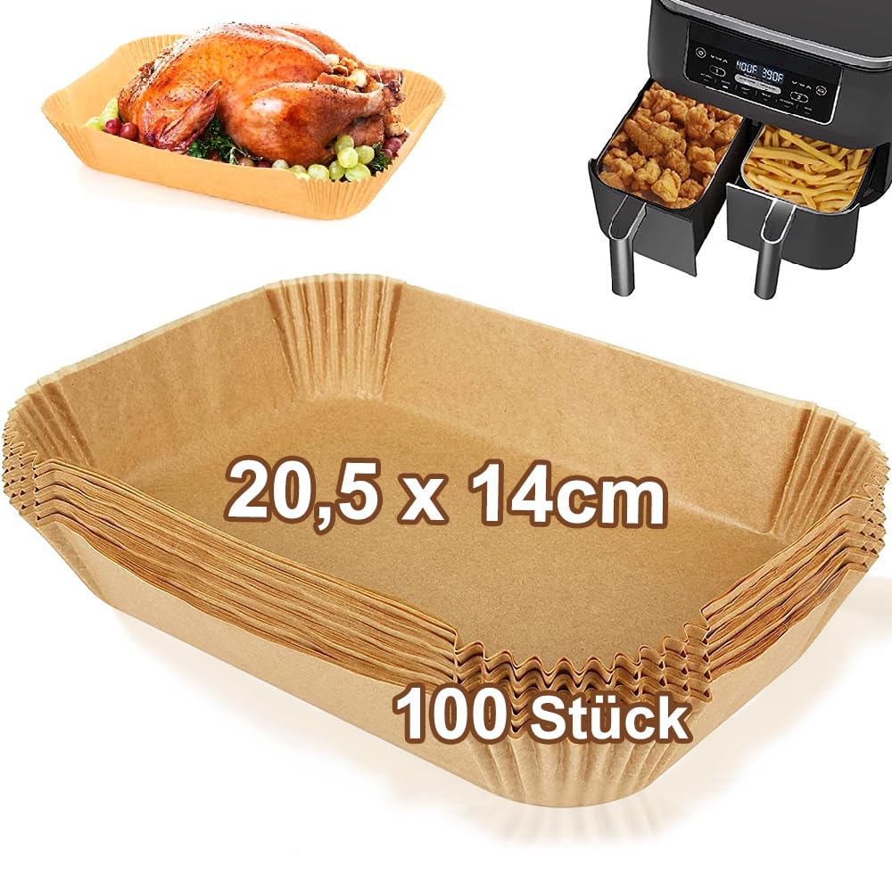 Backpapier für Heissluftfritteuse, 100 Stück 20,5x14 cm Rechteckig Airfryer Backpapier Liners für Ni