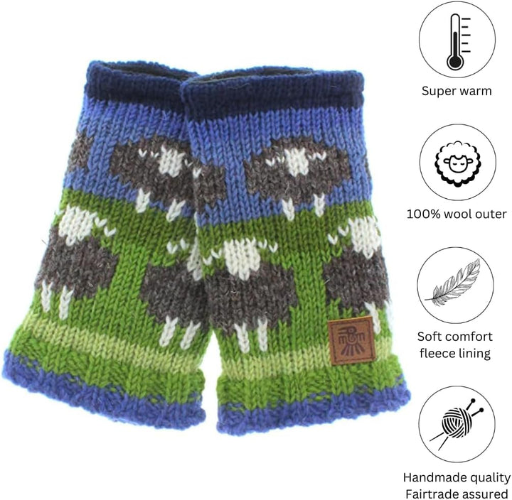 Pachamama Damen-Handwärmer aus Wolle, mit Fleece gefüttert, handgestrickt, Herdwick-Schaf, mehrfarbi