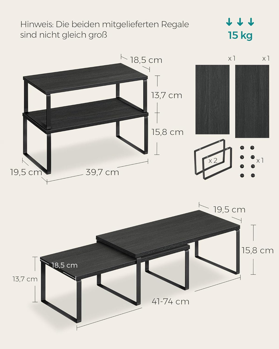 SONGMICS Gewürzregal, 4er Set, Küchenregal, Küchen-Organizer, erweiterbar, Gewürzhalter, stapelbar,
