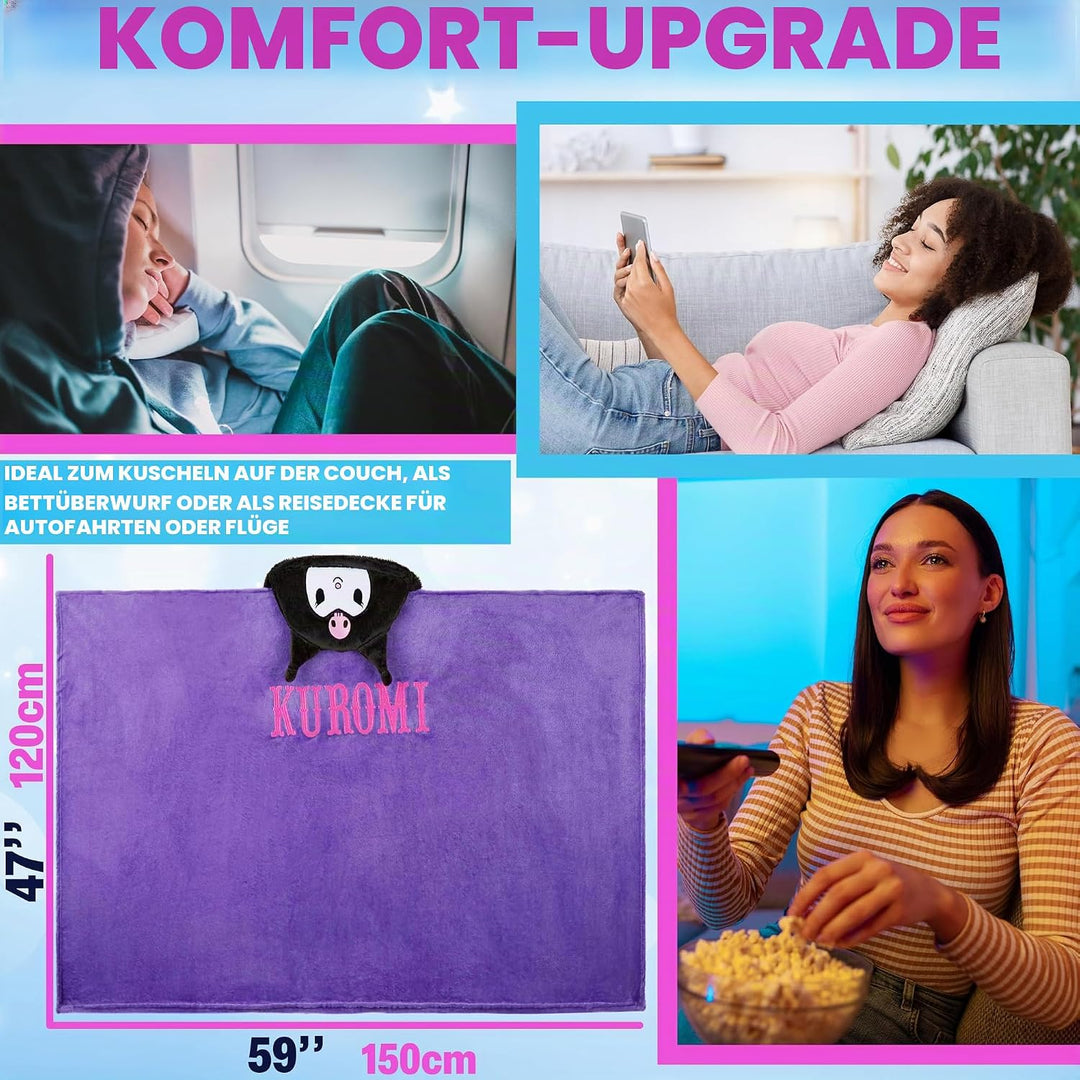 Hello Kitty Sanrio Kuscheldecke mit Kapuze, 120x150cm, Kawaii Plüsch Fleece Decke, Kuromi, Cinnamoro