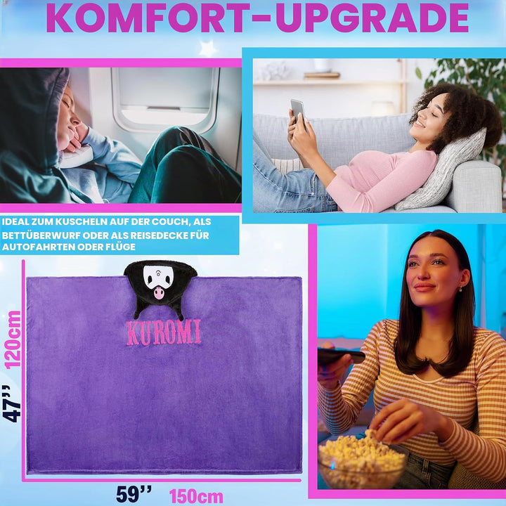 Hello Kitty Sanrio Kuscheldecke mit Kapuze, 120x150cm, Kawaii Plüsch Fleece Decke, Kuromi, Cinnamoro