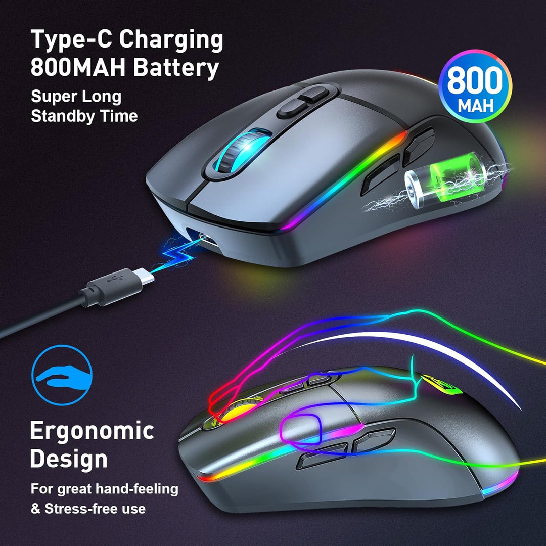 Kabellose Gaming Maus, Dual Mode 2.4GHz/Bluetooth 5.1 Maus Gaming, RGB LED Hintergrundbeleuchtung, E