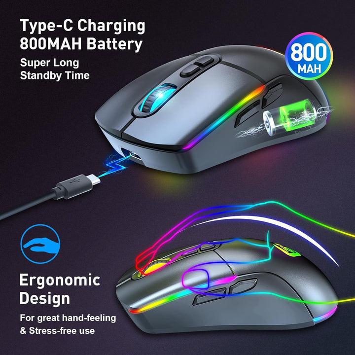 Kabellose Gaming Maus, Dual Mode 2.4GHz/Bluetooth 5.1 Maus Gaming, RGB LED Hintergrundbeleuchtung, E