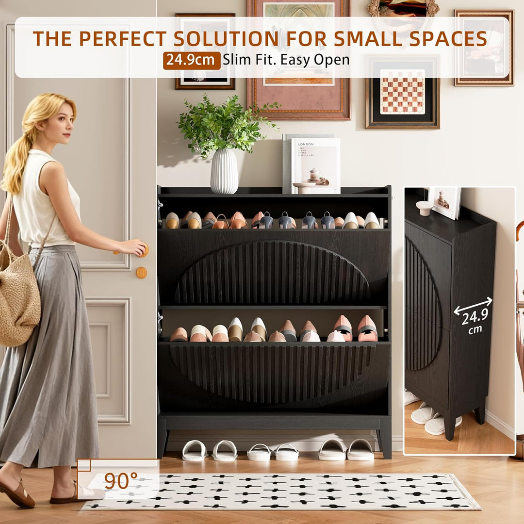 Vlsrka Geriffelte Schuhschrank Schmal Holz, Moderner Schuhkipper mit 2 Klappen, Schuhkipper schmal m