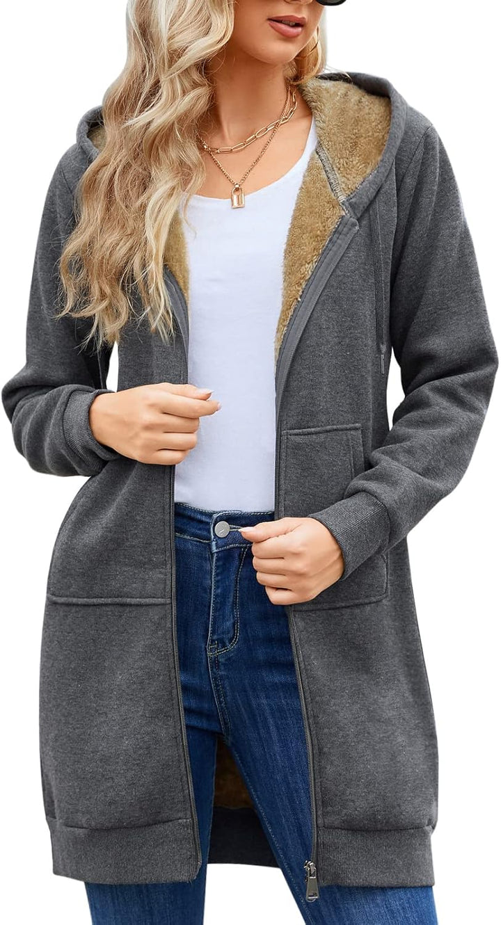 RITOSTA Damen Hoodie Fleecejacke Kapuzenjacke mit Zip Winterjacke Lang Sweatjacke Warme Plüschjacke