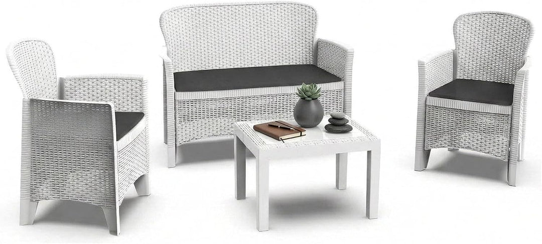 Dmora - Outdoor-Lounge-Set Ostuni, Gartengarnitur mit 2 Sesseln, 1 Sofa und 1 Couchtisch, Sitzecke i