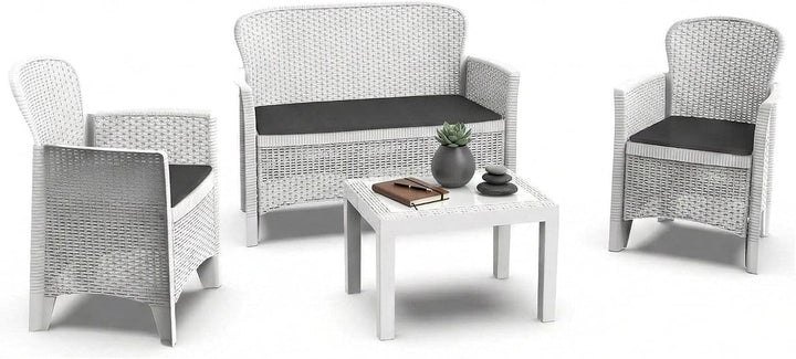 Dmora - Outdoor-Lounge-Set Ostuni, Gartengarnitur mit 2 Sesseln, 1 Sofa und 1 Couchtisch, Sitzecke i