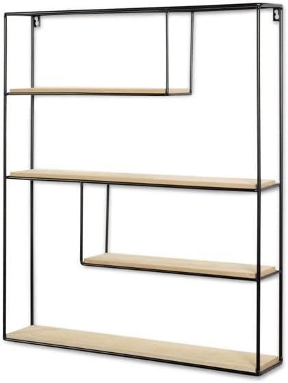 LIFA LIVING Wandregal aus MDF Holz & schwarzem Metall mit 4 Böden, Vintage Schweberegal im Naturstil