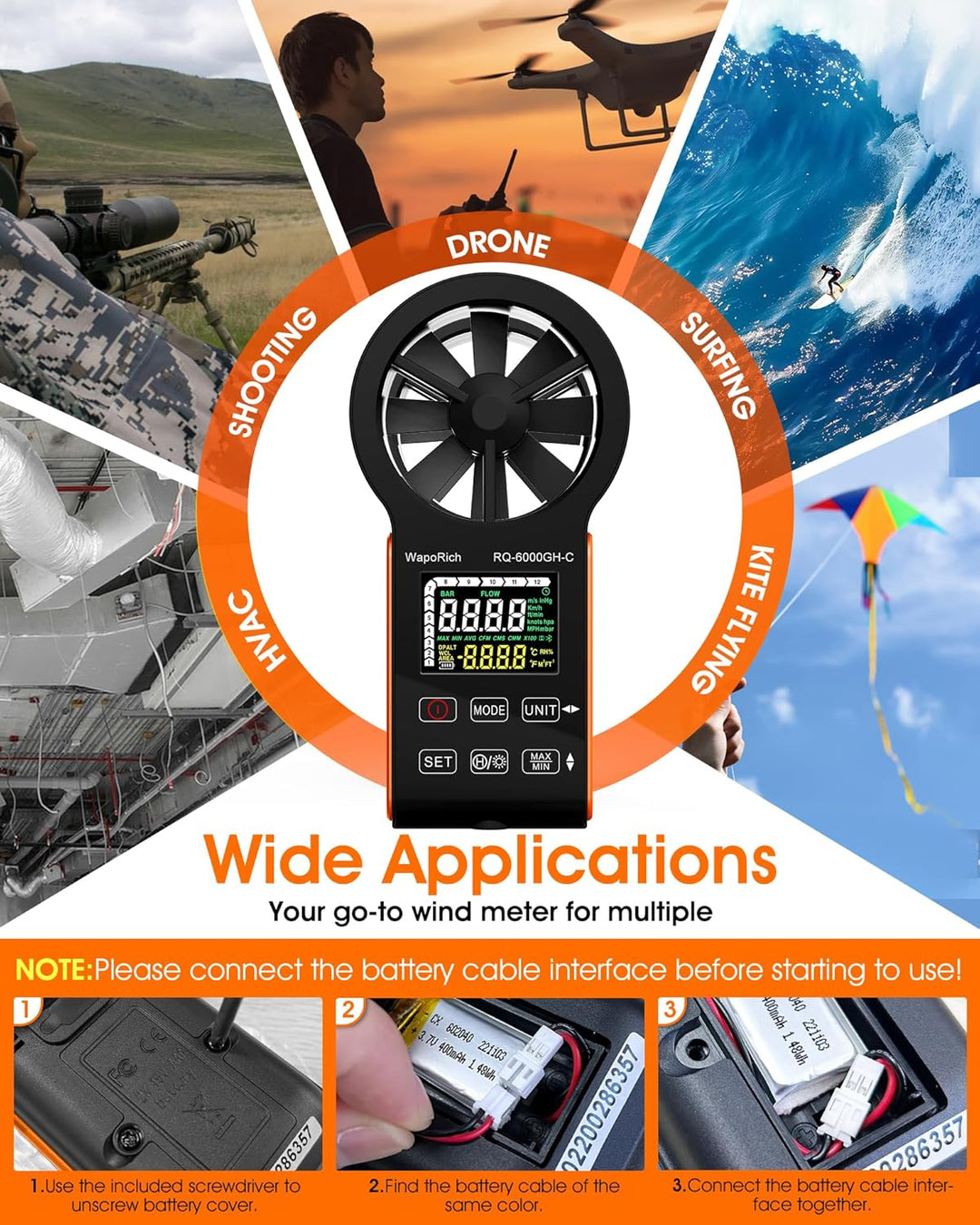 CFM Anemometer Windmesser mit Touchscreen, WapoRich Wiederaufladbares Luftstrommessgerät 0~999900 CF