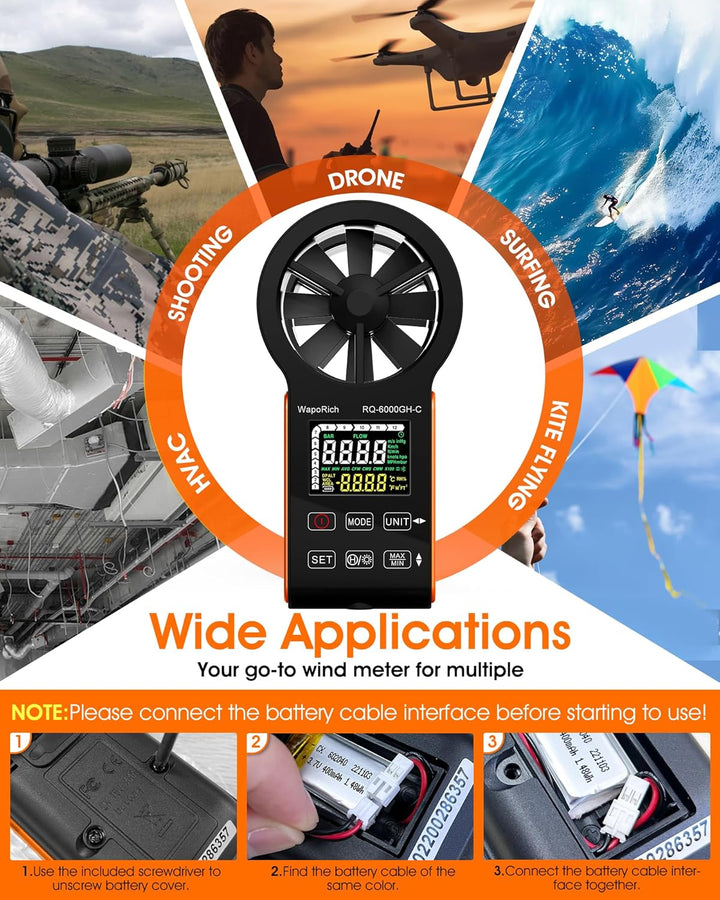 CFM Anemometer Windmesser mit Touchscreen, WapoRich Wiederaufladbares Luftstrommessgerät 0~999900 CF