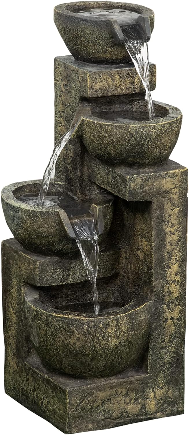 Outsunny Gartenbrunnen, Springbrunnen mit Einstellbarer Strömung, 4 Stufen Zierbrunnen, Wasserspiel,