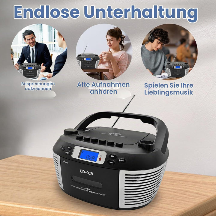 Tragbarer CD- &amp; Kassettenplayer mit Fernbedienung – Inklusive FM/AM-Radio, USB-Wiedergabe, Bluetooth