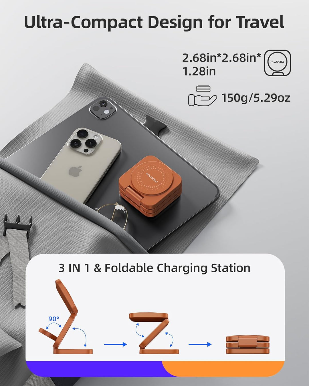KU XIU X55 Turbo 25W Ladestation für Magsafe, Faltbar 3 in 1 Ladestation für Apple Watch und iPhone