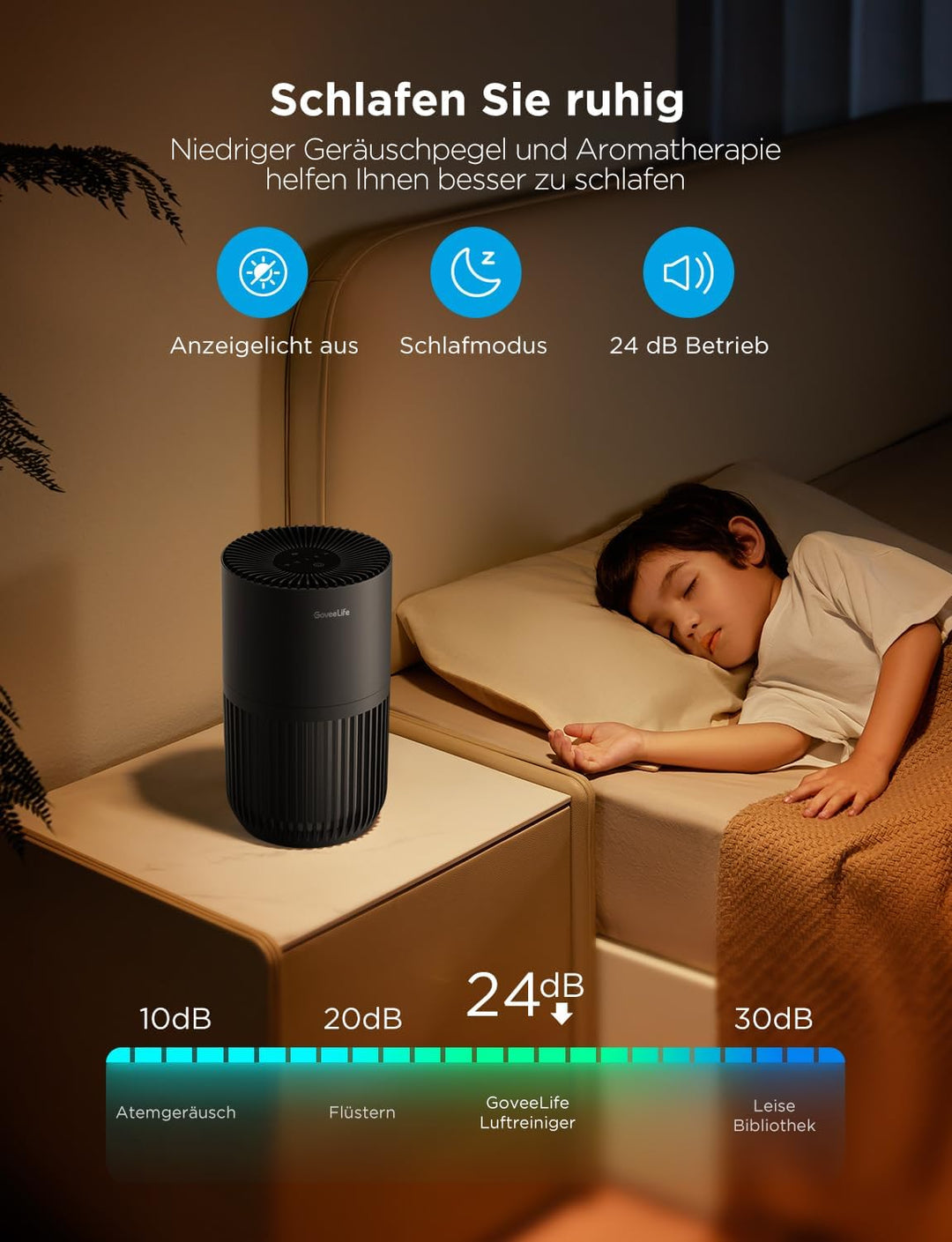 GoveeLife Mini-Luftreiniger fürs Schlafzimmer, intellig. HEPA-Filter mit Alexa-App-Steuerung gegen T