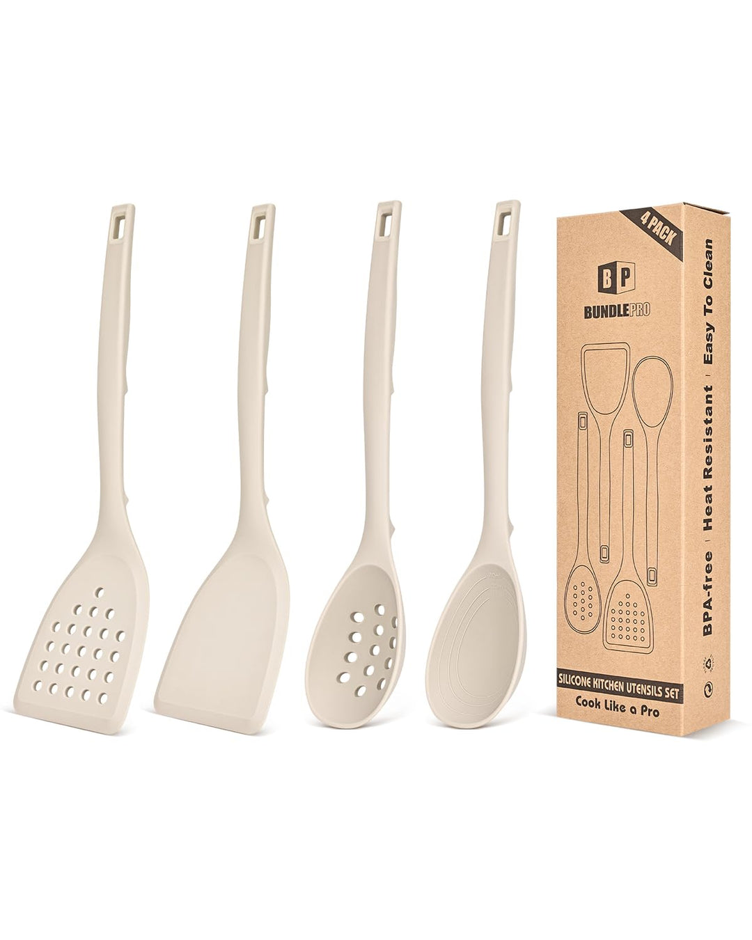 Packung von 4 Silikon Kochgeräte Set, Non-Stick-Festspalten und hitzebeständige Schlitzlöffel mit Rü
