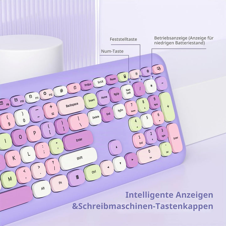 SOLIDEE Buntes kabellose Tastatur und Maus-Kombination,2.4GHz Retro Schreibmaschine Tastatur,104 Tas