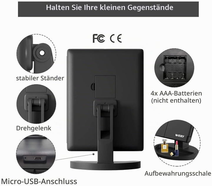 WEILY Schminkspiegel, Dreifach Gefalteter Kosmetikspiegel mit 2X /3X Vergrösserung, 36 LED-Leuchten