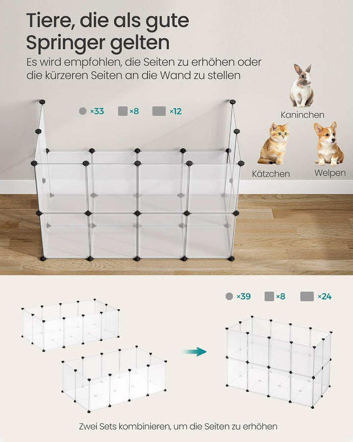 SONGMICS Freigehege mit Bodenplatten, Laufstall, Meerschweinchen Gehege, aus Kunststoff, Gehege für