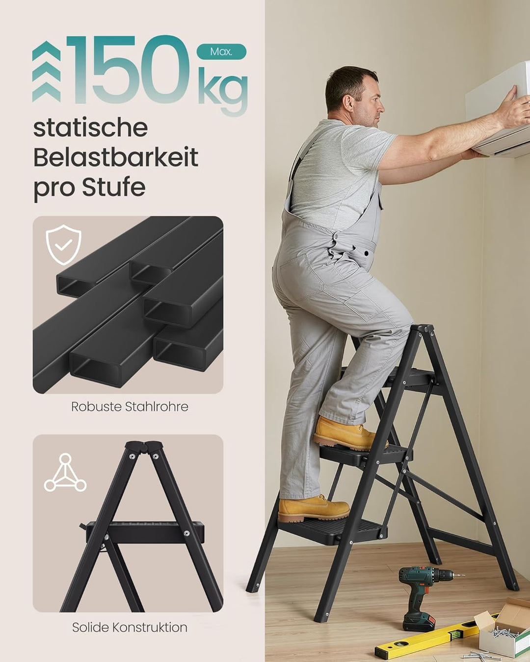 SONGMICS Trittleiter, Tritthocker klappbar, Klappleiter 3 Stufen, bis 150 kg belastbar, Leiter, aus