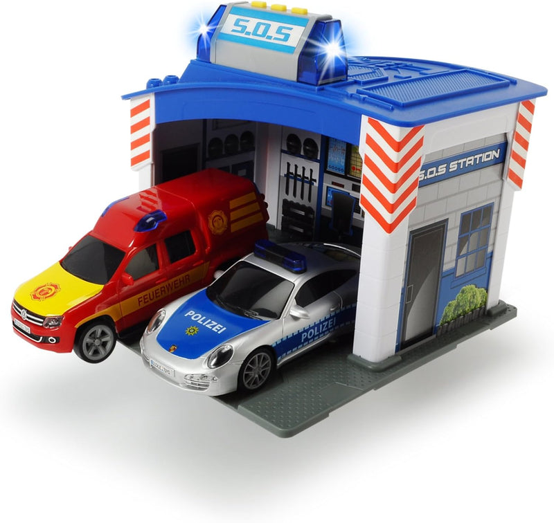 Dickie Toys 203713003 - Rescue Station, Rettungswache mit Polizei- und Feuerwehrauto inklusive Batte