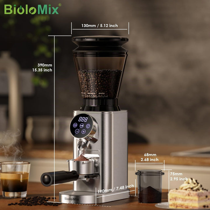 Biolomix Elektrische Kaffeemühle mit abnehmbarem Griffhalter,48 Mahlgradeinstellungen,einstellbar vo