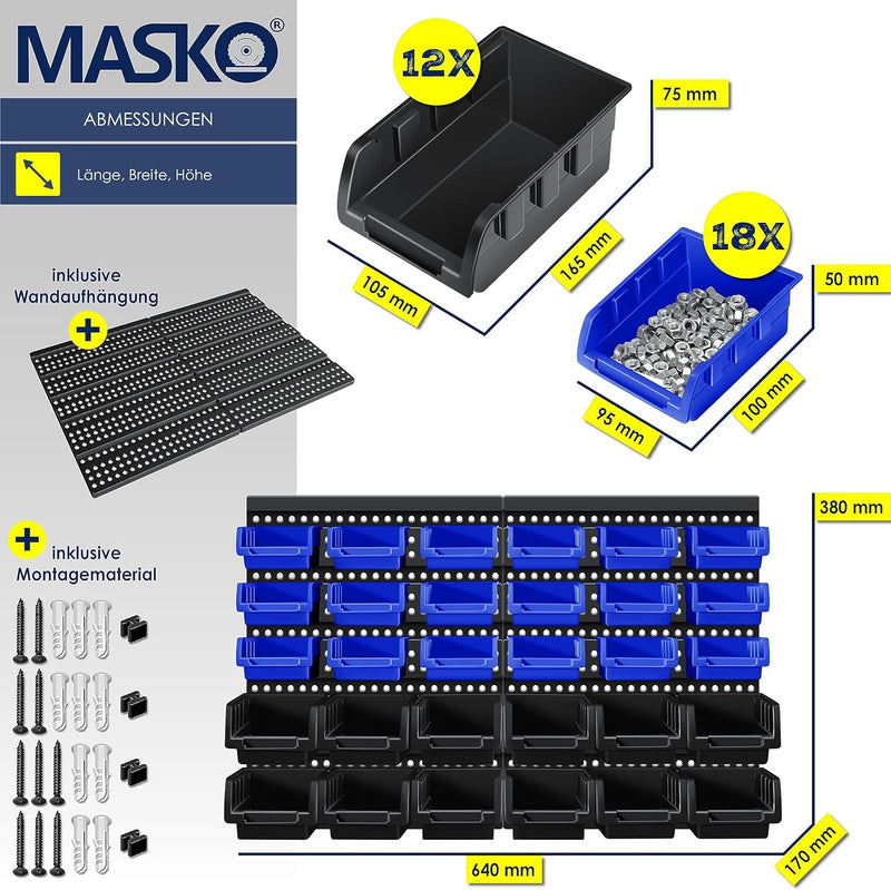 Masko® Stapelboxen + Wandregal 32tlg Set Box Sichtlagerkästen Schüttenregal Steckregal, Werkstatt, H