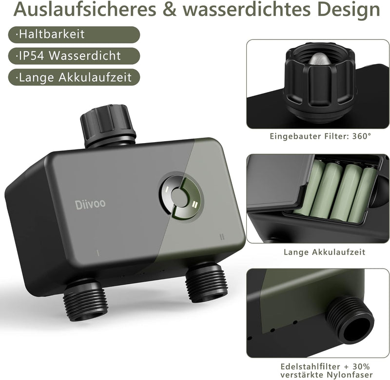 Diivoo Bewässerungscomputer WLAN 2 Ausgänge mit RFID-Gateway, Smart Wasserzeitschaltuh mit App, 6 Be