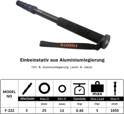 FOSOTO Einbeinstativ 165cm Kamera Einbeinstativ mit Abnehmbarem Stativ Stützfuss Aluminium Einbeinst