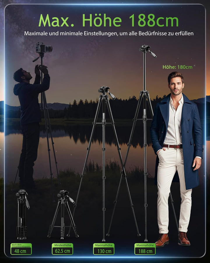 CAMBOFOTO 74"/188cm Aluminium Kamerastativ, Tragbar mit 360° Kugelkopf mit Handyhalter, 1/4 Universa