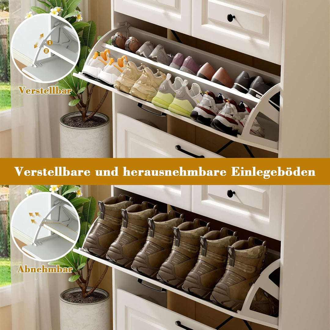 Schuhschrank Weiss mit 2 Klappen, Schuhschrank mit Schublade, Schuhkipper Schmal, 80 cm Breit, Flur,