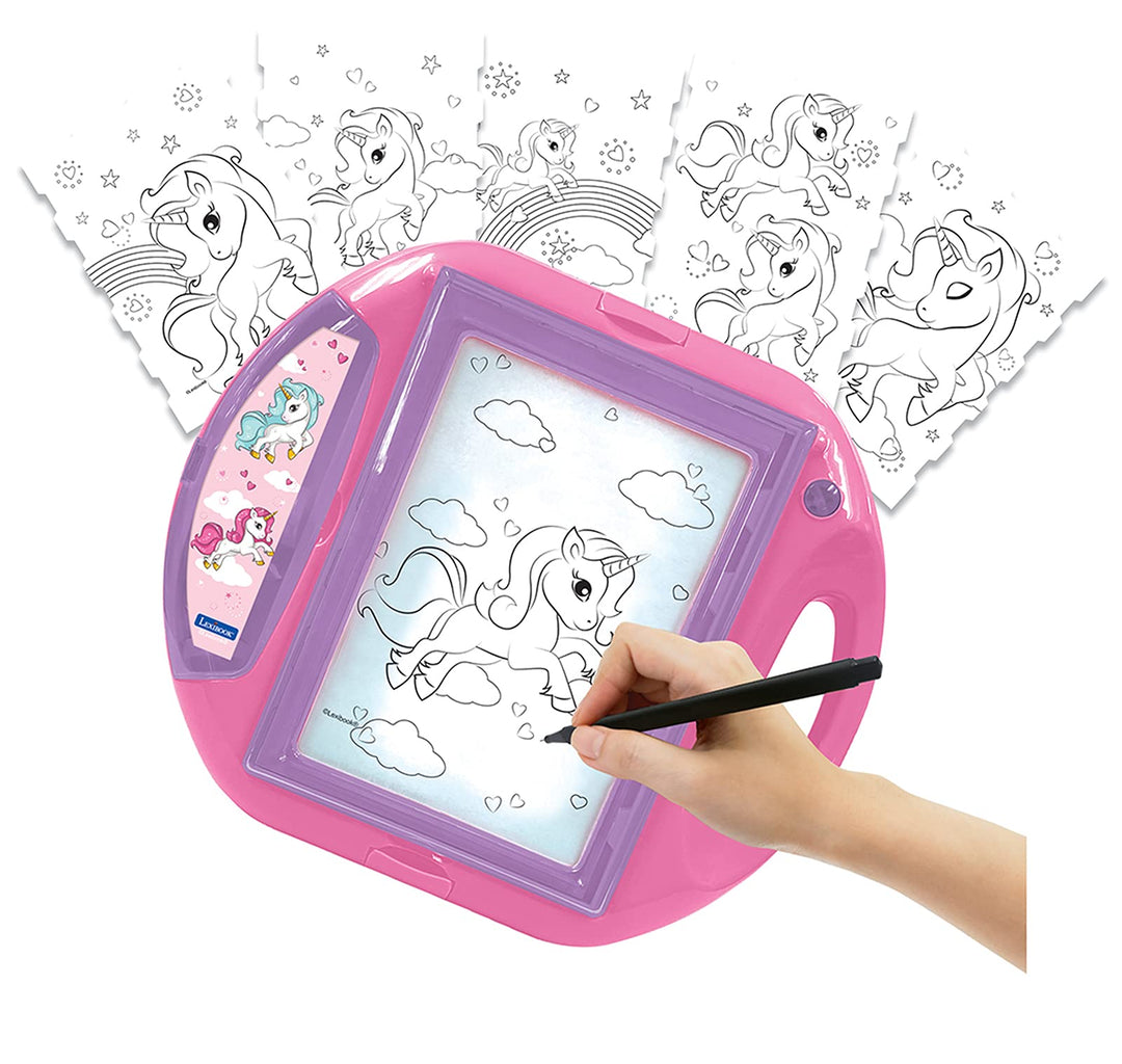 Lexibook Einhorn Unicorn Zeichenprojektor 4 Stempel, 10 Vorlagen, beleuchteten Fläche, 1 Stift entha