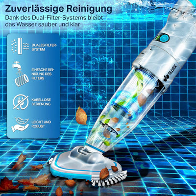 tillvex Poolsauger mit Akku | Pool Bodensauger Teleskopstange elektrisch | Poolreiniger mit Filter &