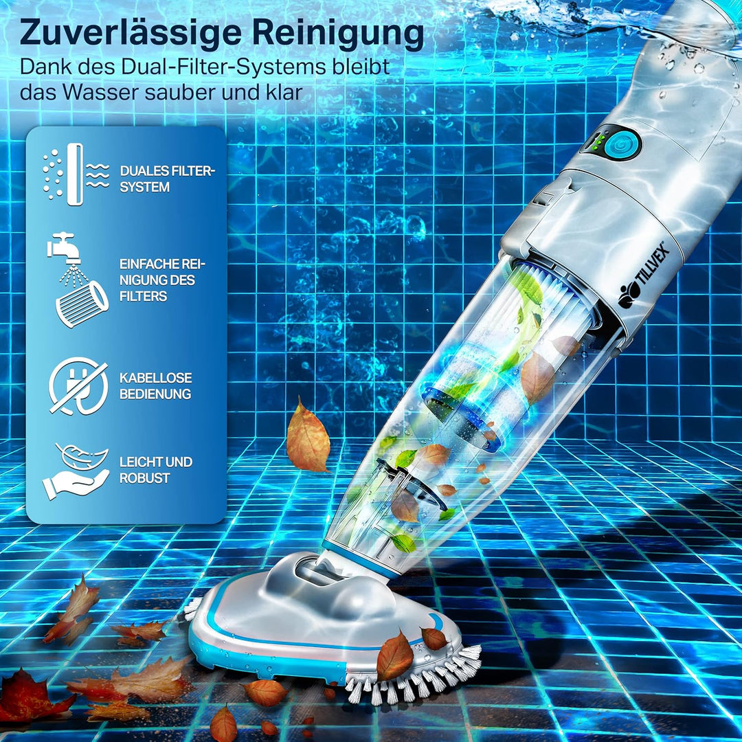 tillvex Poolsauger mit Akku | Pool Bodensauger Teleskopstange elektrisch | Poolreiniger mit Filter &