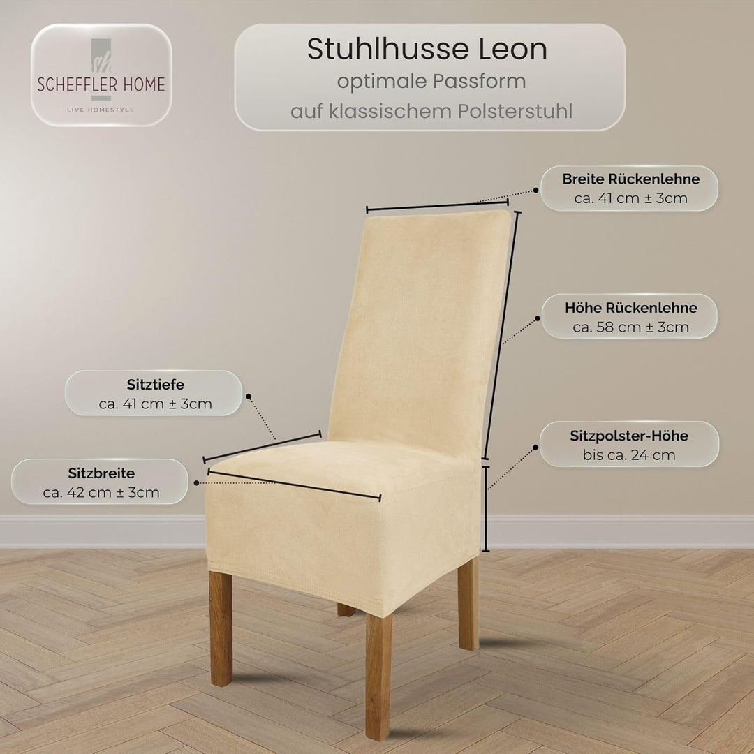 SCHEFFLER-Home Stuhlhussen 4er Set Leon Ecru/elastische Wildleder Hussen für Stühle/Robustes Freisch