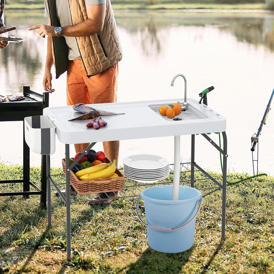 COSTWAY Klappbarer Fischreinigungstisch, Filetiertisch mit Spüle, Gitterablage, Wasserhahn, Sprühdüs